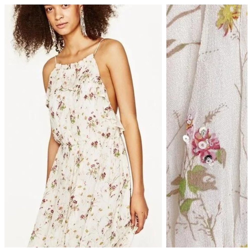 Zara Cream White Floral Sequined Dress - Picture 4 of 7